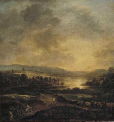Aert van der Neer Hilly landscape at sunset Norge oil painting art